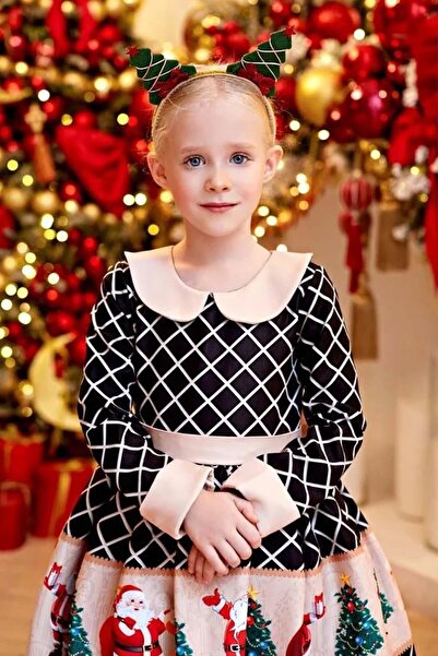 Riccotarz Girl's Baby Collar Santa Claus Printed Checkered Black Dress