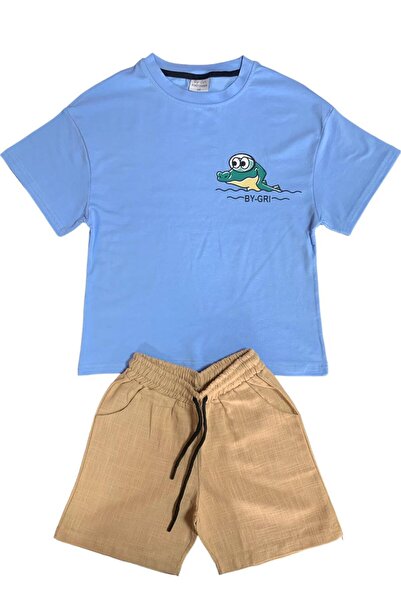 BY-GRİ FRONT BACK CROCODILE PRINTED BOYS TOP SET T-SHIRTS OVERSIZED SHORTS LI...