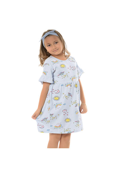 ŞahTan BLUE Girl's Short Sleeve Tunic Rainbow Pattern