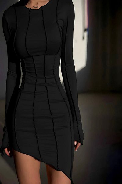 Fashiontayt Sandy Fabric asymetrický střih s dlouhým rukávem ležérní a večerní šaty
