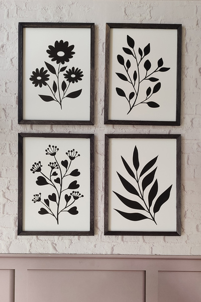 Tooall 4 Pcs Table Set with Plant Pattern, 3mm Mdf, with Black Wooden Frame, Uv Printing, 30X40 cm
