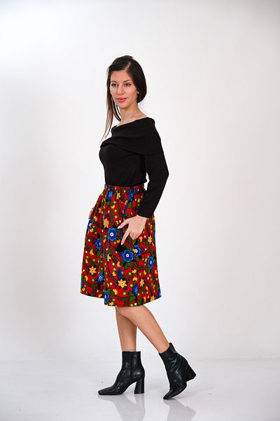 İna Divitin Flannel Floral Patterned Winter Skirt on Red Background