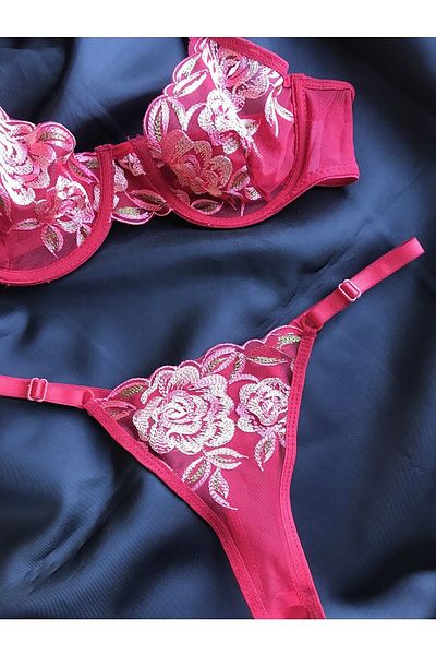 mendoza store Embroidery Underwire Red Color Floral Thong Panty Bra Set