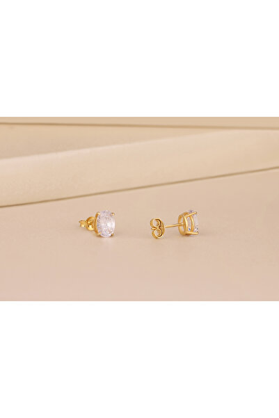 Akgül Silver Beyaz Zirkon Oval Altın Kaplama Gümüş Küpe