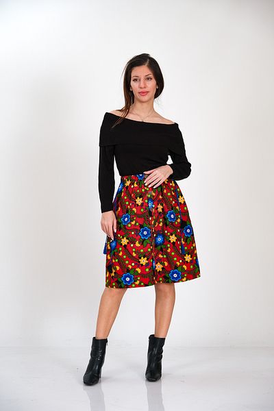 İna Divitin Flannel Floral Patterned Winter Skirt on Red Background
