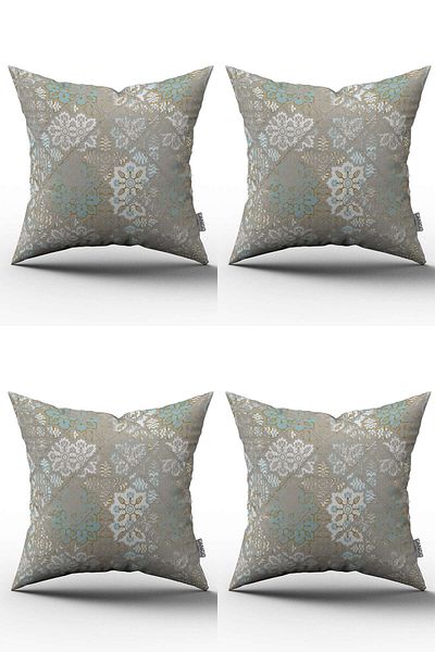 Cango Home Turquoise White Ethnic Floral Patterned Set of 4 Digital Printed Throw Pillow Cases St-4Kmbs-Cgh085