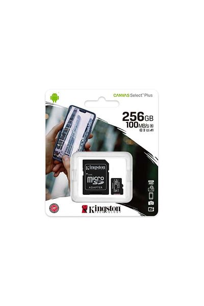Kingston بطاقة ذاكرة Canvas Select Plus سعة 256 جيجابايت فئة 10 مع محول (100 ميجابايت/ثانية)