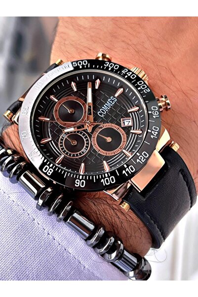 COMMES Deri Kordon Kronometre Ve Takvimli Siyah Rose Gold Renk Unisex Klasik Kol Saati Cm1903d-brbr