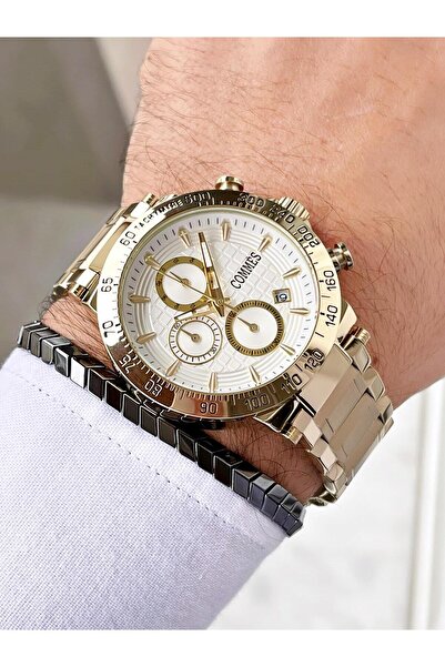 COMMES Çelik Kordon Kronometre Ve Takvimli Altın Renk Unisex Klasik Kol Saati Cm1904-ggw