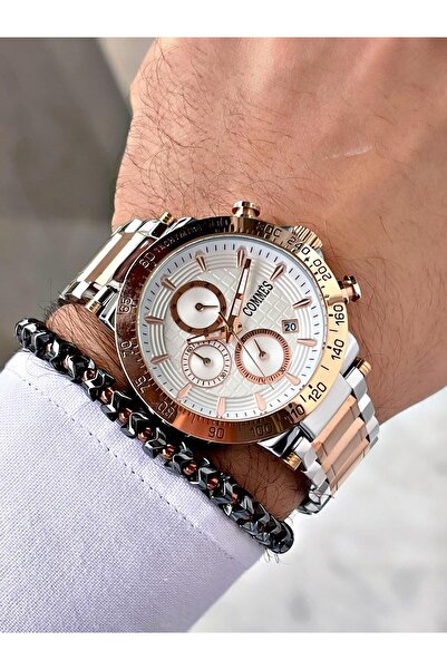 COMMES Çelik Kordon Kronometre Ve Takvimli Gümüş Rose Gold Renk Unisex Klasik Kol Saati Cm1904-srw