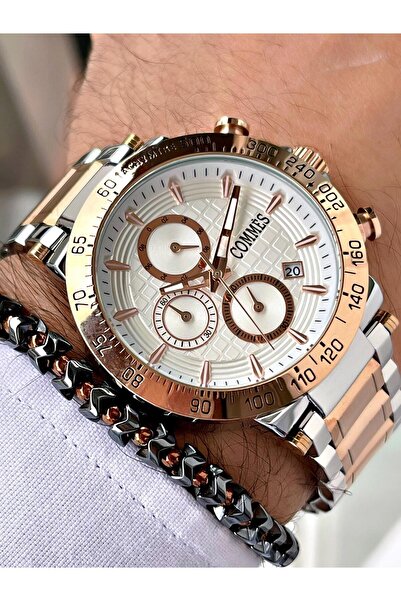 COMMES Çelik Kordon Kronometre Ve Takvimli Gümüş Rose Gold Renk Unisex Klasik Kol Saati Cm1904-srw