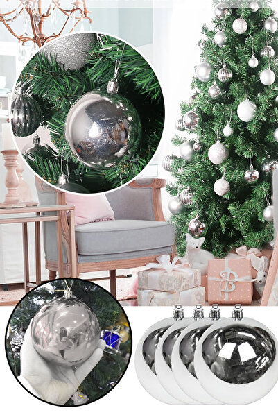 Parti dolabı Σετ 4 τεμαχίων 10 εκ. Χριστουγεννιάτικο ασημένιο στολίδι με μπάλα από πεύκο Μεγάλο μέγεθος Πρωτοχρονιάτικο Χριστουγεννιάτικο διακοσμητικό γυαλιστερό στολίδι με μπάλα