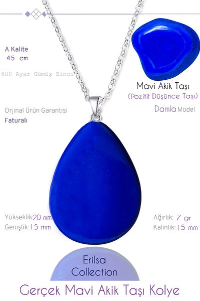 Tesbih Atölyesi Certified Drop Model Blue Agate Stone Necklace