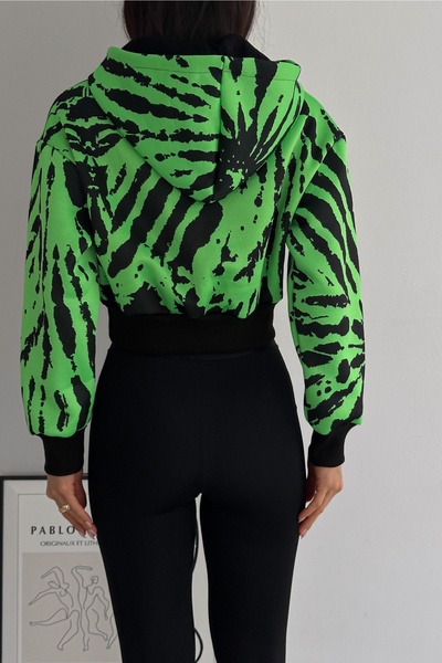 FEMELLE Πολύχρωμο φούτερ με πράσινη κουκούλα καγκουρό με 3 νήματα με ράστερ