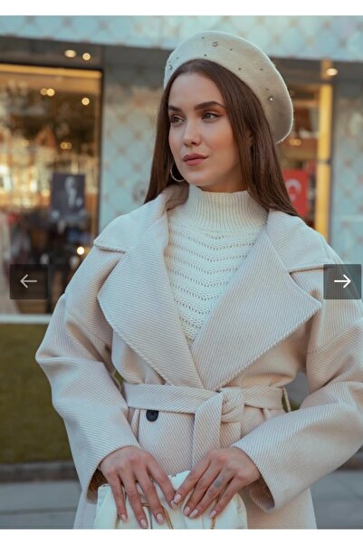 LABELIA Ceket Krem Beyaz Çizgili Oversize