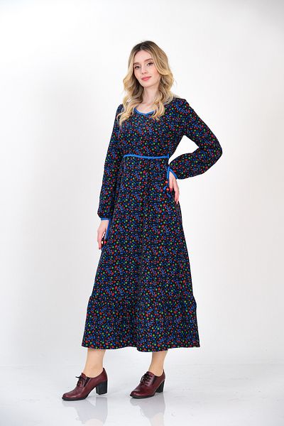 İna Divitin Flannelette με μοτίβο φούστα με βολάν μακρύ μπλε χειμερινό φόρεμα