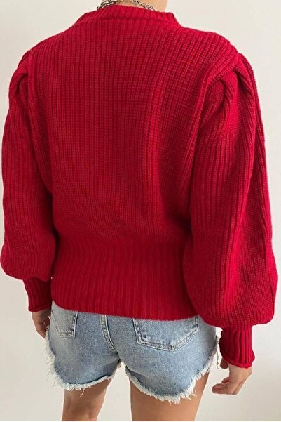 bayansepeti Red Knitwear Fabric High Collar Knitted Design Sweater 0134