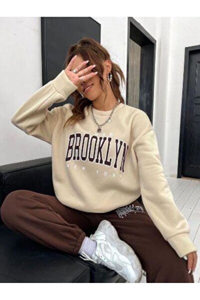 NO 601 Бежов комплект суитшърт и анцуг с кръгло деколте с щампа Brooklyn