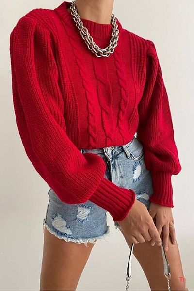 bayansepeti Red Knitwear Fabric High Collar Knitted Design Sweater 0134