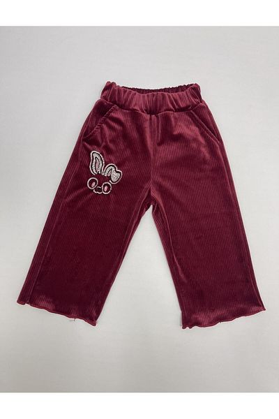 CANBİX Girl's Rabbit Embroidered Lycra Velvet Trousers