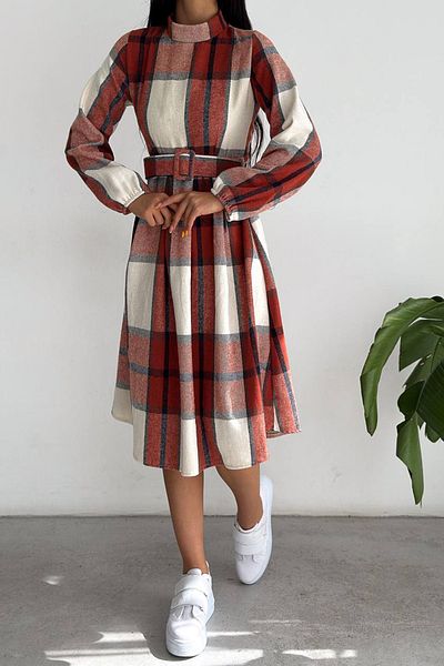 NKTCOLLECTİON Women's TILE Plaid Patterned Imported Fabric Belt Zippered Midi Dress