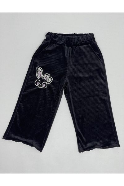 CANBİX Girl's Rabbit Embroidered Lycra Velvet Trousers