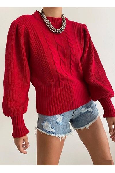 bayansepeti Red Knitwear Fabric High Collar Knitted Design Sweater 0134