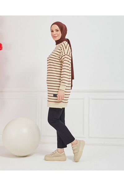 Arabul Knitwear Two Thread Cotton Striped Model Hijab Tunik