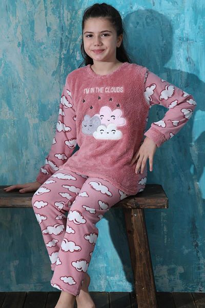 Pijamaevi Pink Moon Cloud Patterned Girl's Plush Pajama Set