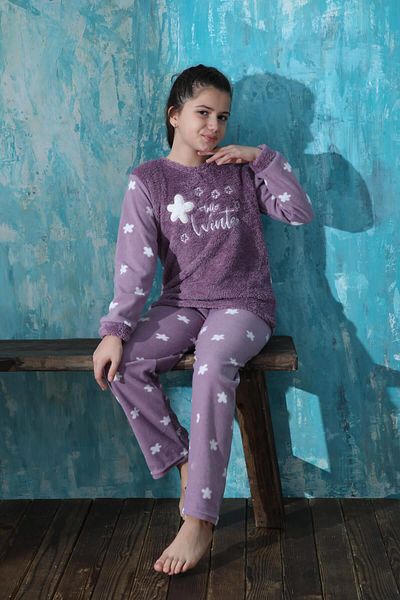 Pijamaevi Purple Hello Winter Patterned Girl's Plush Pajama Set