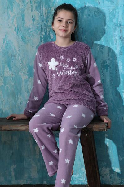 Pijamaevi Purple Hello Winter Patterned Girl's Plush Pajama Set
