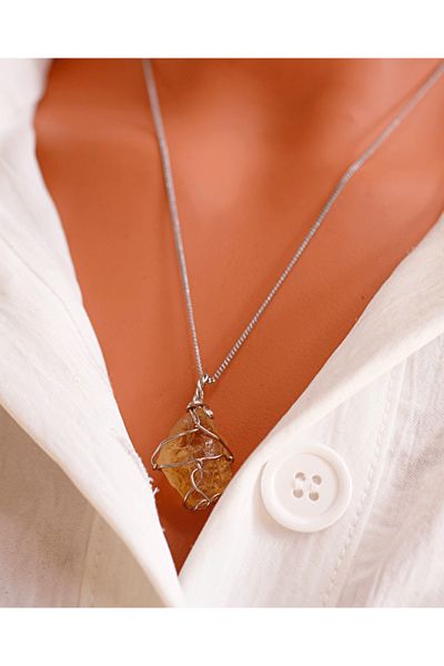 Tesbih Atölyesi Certified Wire Wrapped Raw Unprocessed Citrine Stone Necklace