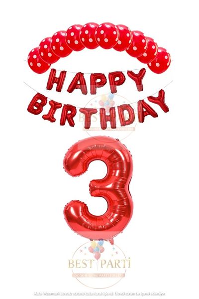 BEST PARTİ DOĞUM GÜNÜ PARTİ SÜSLERİ Red Color Happy Birthday Number Foil Balloon Scored Balloon Set Age 3
