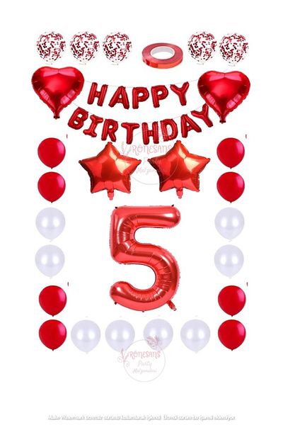 RÖNESANS PARTİ Red Happy Birthday Number Star Heart Foil Balloon and Confetti Balloon Set Set Age 5