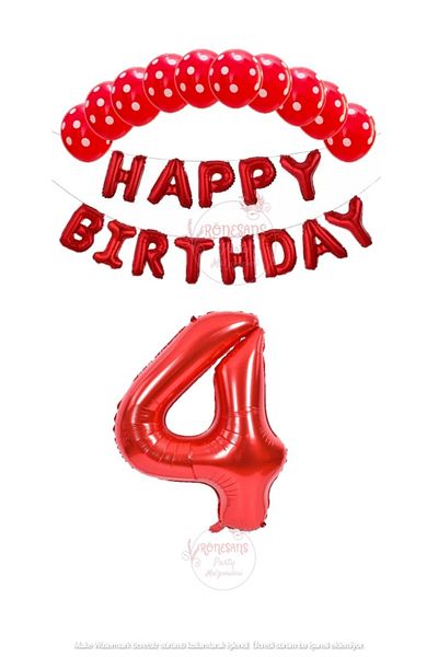 RÖNESANS PARTİ Red Color Happy Birthday Number Foil Balloon Scored Balloon Set Age 4