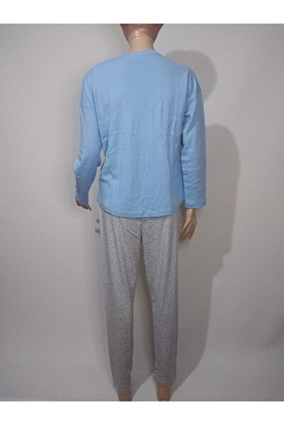 VİENETTA Жіночий синій круглий комір, овальна спідниця, довгі рукави, бавовняний піжамний комплект