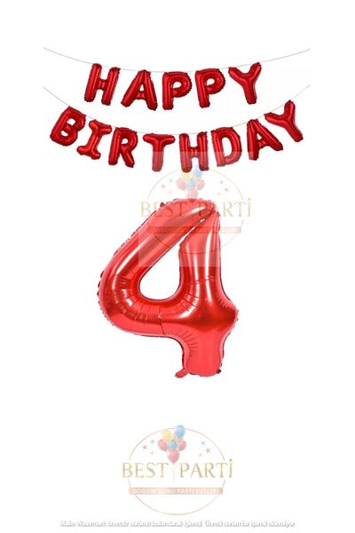 BEST PARTİ DOĞUM GÜNÜ PARTİ SÜSLERİ Red Color Happy Birthday and Number Foil Balloon Set Age 4