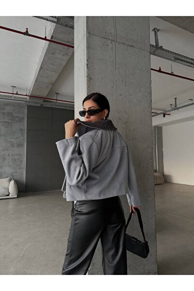 LB Laluna Butik Women's Herringbone Pattern Collar Furry Zipper Side Pocket Jacket Short Coat