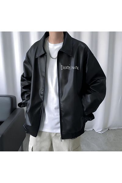 Gofeel Pofidi Death Note Printed Streetwear Μαύρο Oversize Unisex Δερμάτινο μπουφάν με επένδυση
