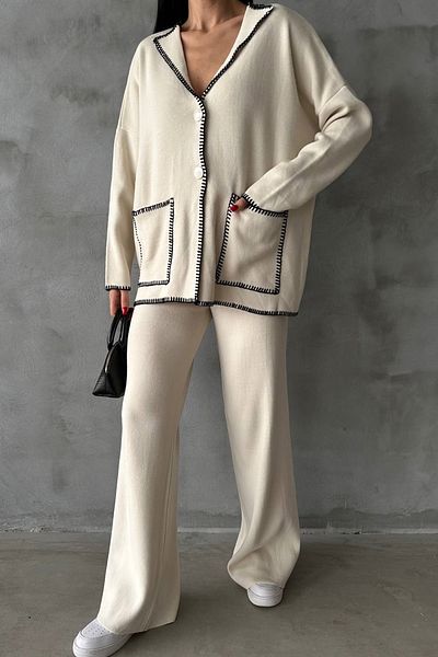 lovebox Jacket Collar Pocket Detail Oversize Cardigan and High Waist Wide Leg Trousers Cream Bottom Top Knitwear Suit 5120