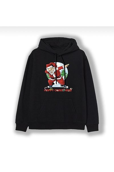 BYMEER Hanorac oversize cu glugă, unisex, negru, imprimat cu Moș Crăciun