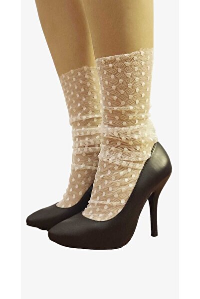 MODA NUR Чорапи от бял тюл с шарка на точки Чорапи от булчински тюл