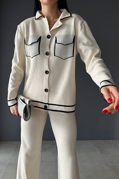 lovebox Polo Collar Pocket Detailed Buttoned Cardigan and High Waist Wide Leg Trousers Cream Bottom Top Knitwear Suit 10067