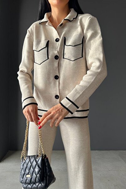 lovebox Cardigan cu nasturi cu buzunar cu guler polo și pantaloni largi cu talie înaltă Partea de jos crem Partea de sus tricotaje 10067