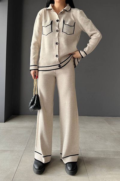 lovebox Polo Collar Pocket Detailed Buttoned Cardigan and High Waist Wide Leg Trousers Cream Bottom Top Knitwear Suit 10067