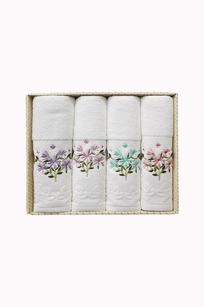 Özdilek Pansy Dowry Κεντημένη Πετσέτα 4 τεμαχίων - Κουτιά