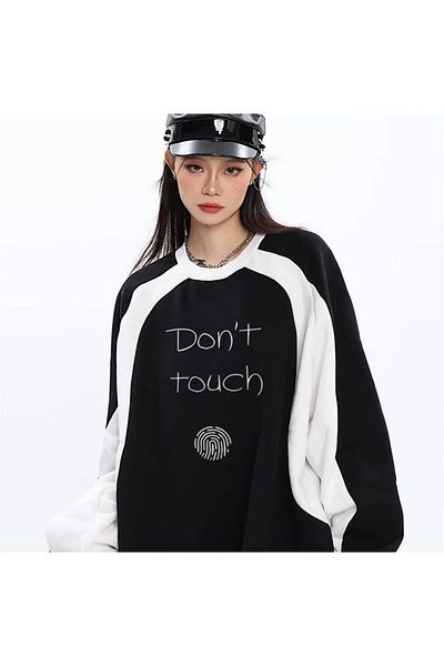 Gofeel Y2k Tech Don't Touch Printed Line Detail Unisex Oversize Crew Neck Μαύρο φούτερ