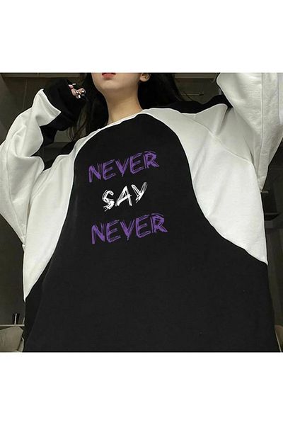 Gofeel Y2k Tech Never Say Never Printed Line Detail Unisex Oversize Crew Neck Μαύρο φούτερ