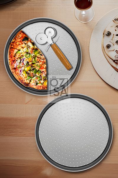 ÖzSa Home 2 Pieces Large Perforated Pizza Tray Lahmacun Pita Tray 36cm Bamboo Double Sided Pizza Roulette Set