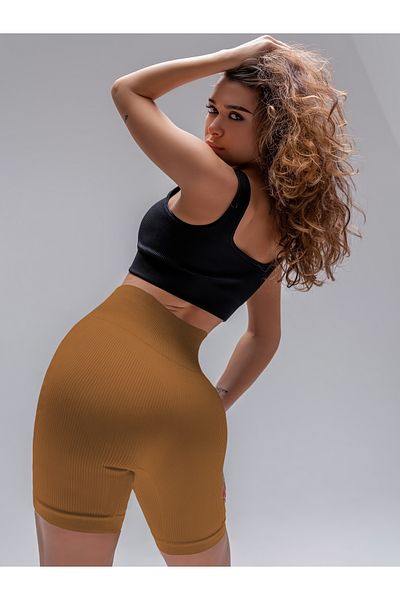 MİSTİRİK Pantaloni scurți biker fără cusături, model Dublin, cu talie înaltă, culoare caramel
